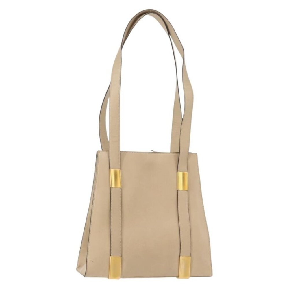 Authentic CELINE Shoulder Bag Leather Beige Gold